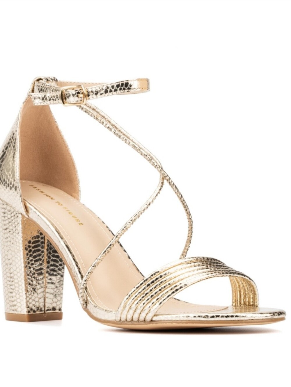 NWT Fashion to Figure Women's Wide Gold Belinda Strappy Chunky Heel Size 7W